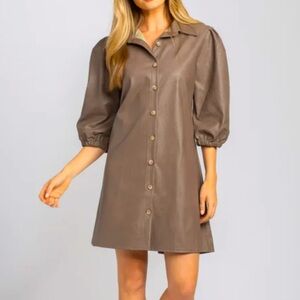Elegant Brown Faux Leather Puff Sleeve Dress, Made in Italy, size L
